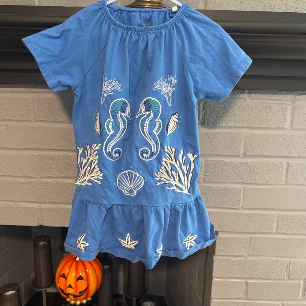 Mini Boden Ocean Blue Dress with Sea Life Embroidery